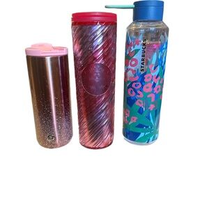 Starbucks Blue Floral Water Bottle with Pink and Metallic Rose Tumblers Set of 3